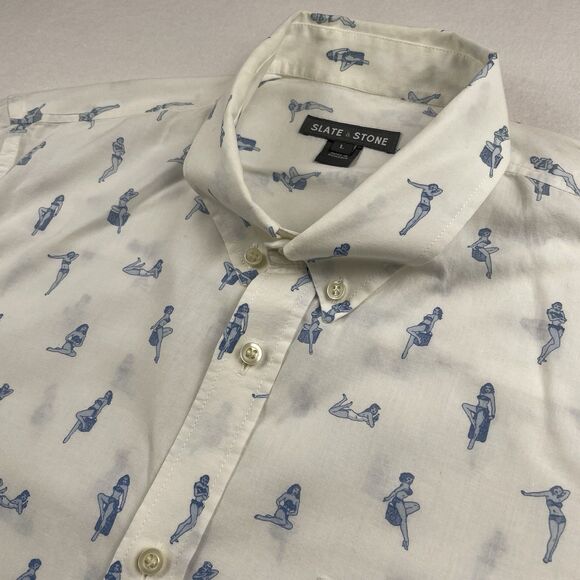 Slate & Stone Short Sleeve Button Up “Beach Girl” Shirt Print Cream-L - Picture 4 of 12